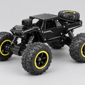 Black and silver camera-equipped four-wheel RC crawler