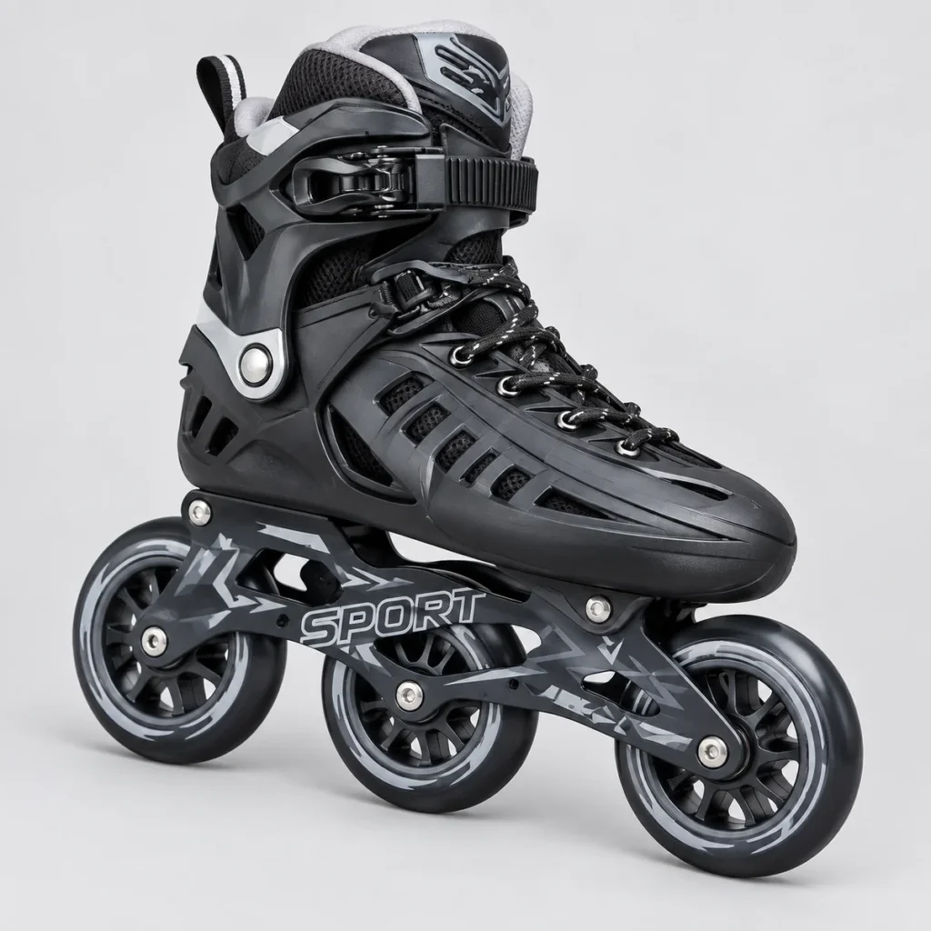 Black three-wheel inline skate with hard boot, laces and buckle
