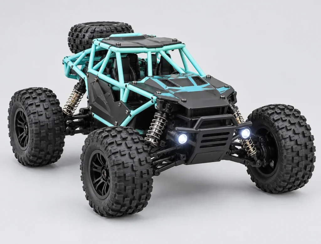 Black RC buggy with turquoise roll cage, roof spare tyre and front lights