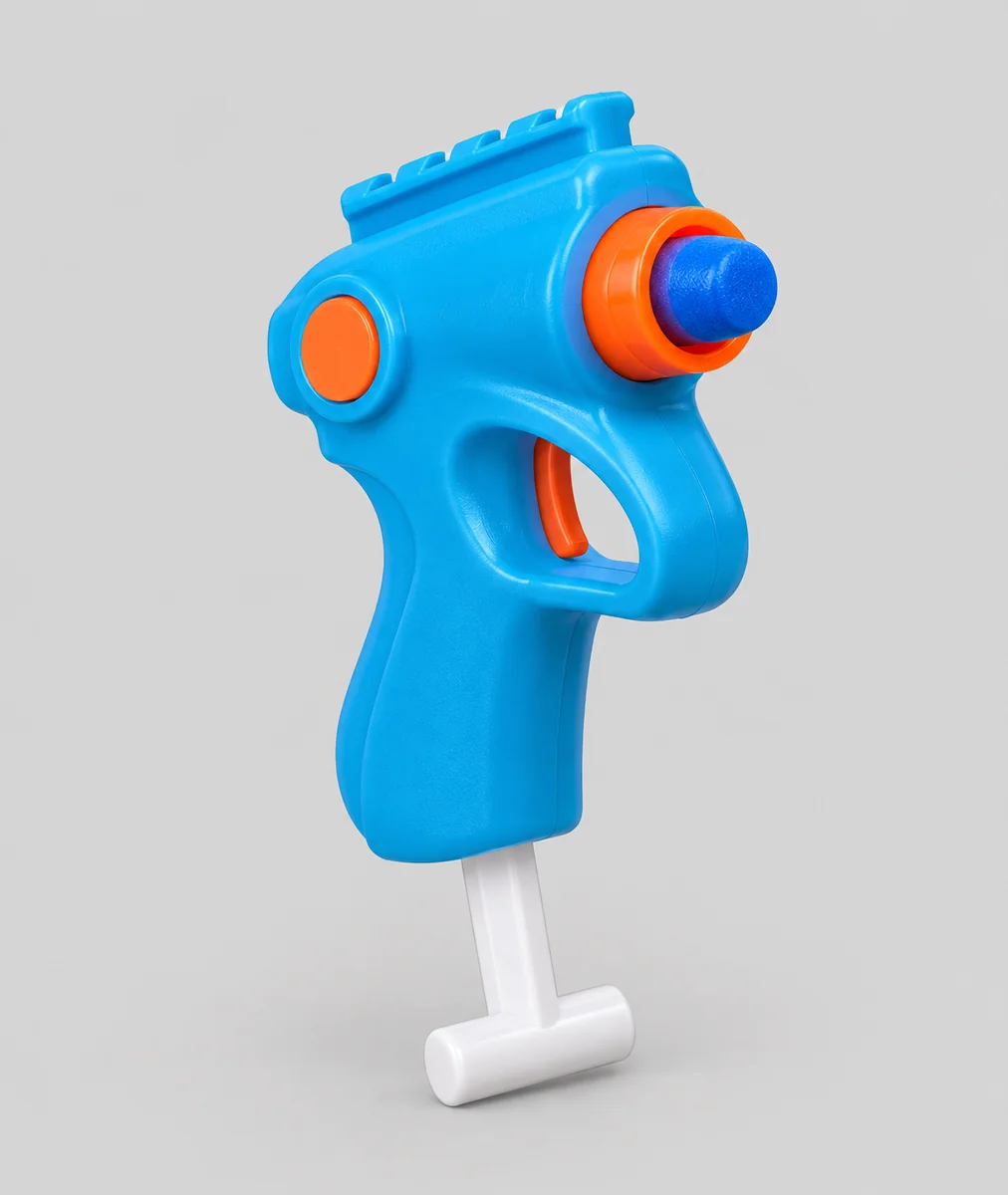 Blue and orange toy pistol with white priming handle