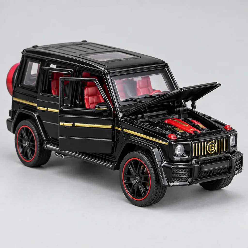 Black and gold G-Class-style diecast RC car with an open bonnet