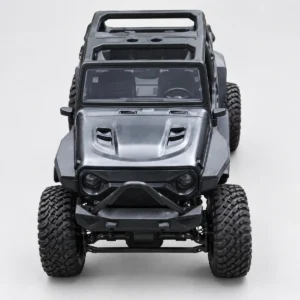 Front view of a grey open-cage Jeep-style RC crawler