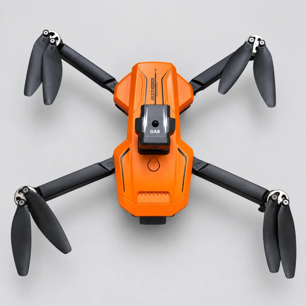 Orange JS27 folding drone with black propellers