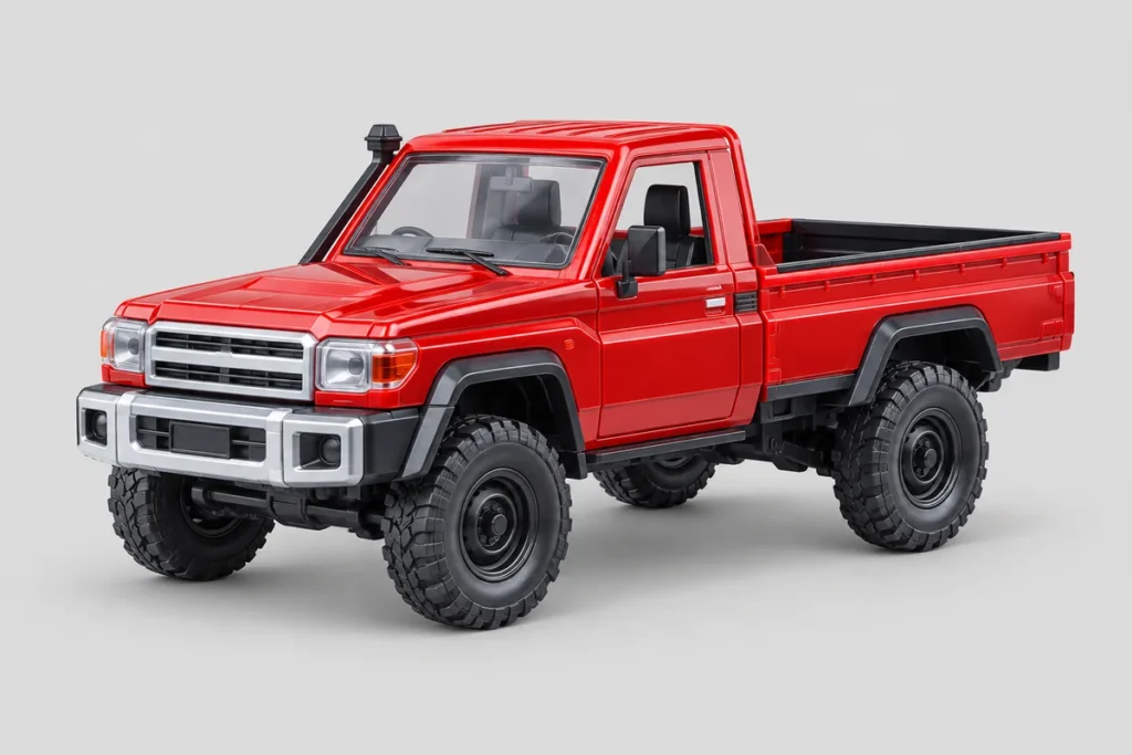 Red Land Cruiser-style single-cab RC pickup with open cargo bed