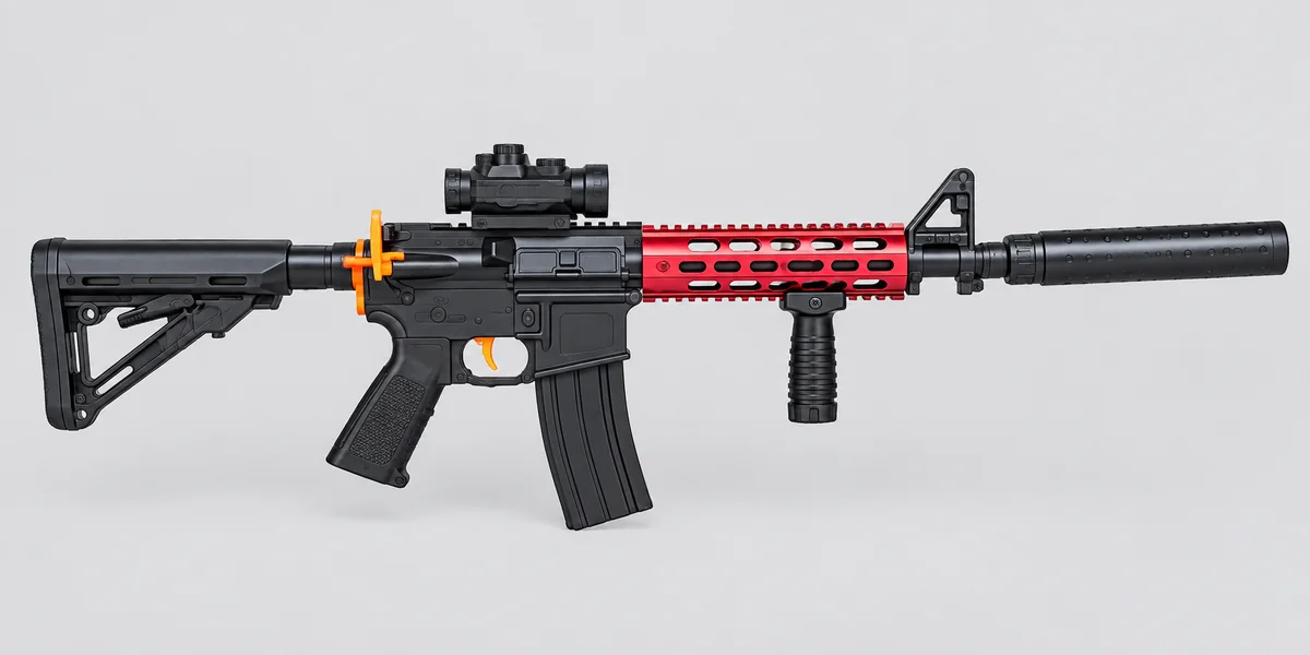 Red and black M41 toy blaster with black stock and magazine