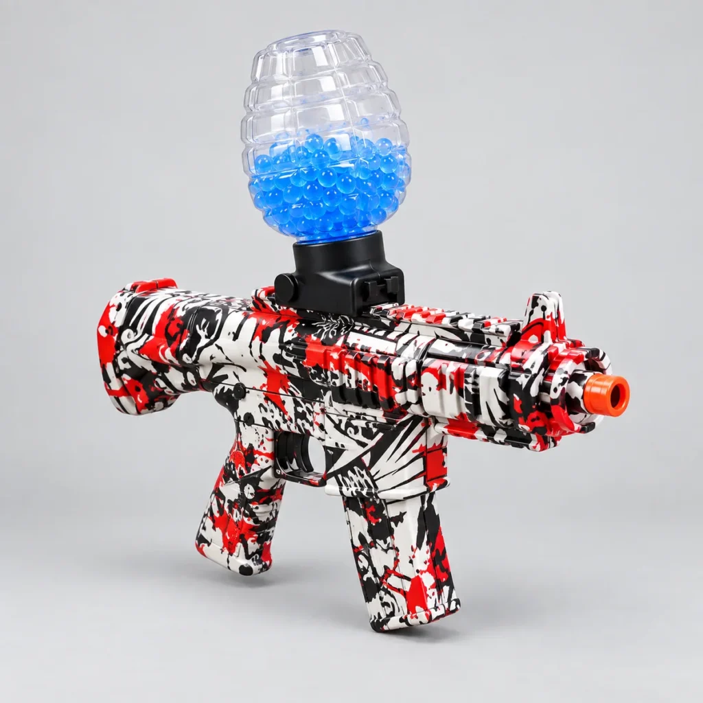 White, red and black M416 electric gel toy blaster with clear hopper