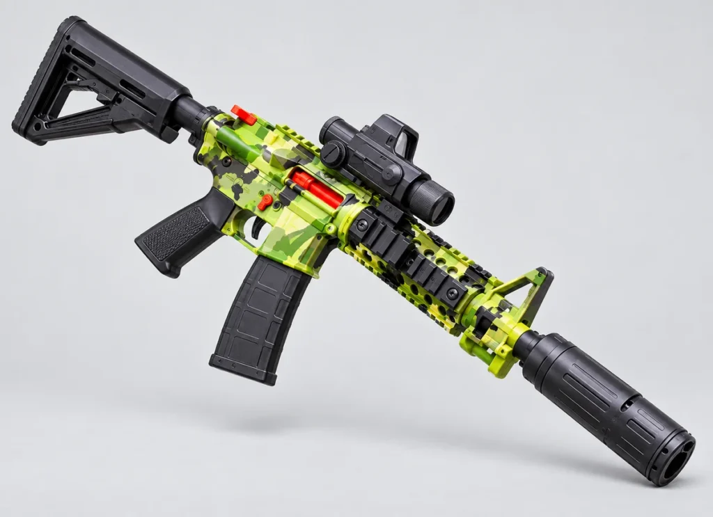 Green camouflage M4A1-style electric gel toy blaster with black stock and magazine