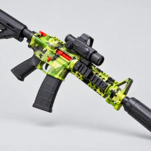 Green camouflage M4A1-style electric gel toy blaster with black stock and magazine