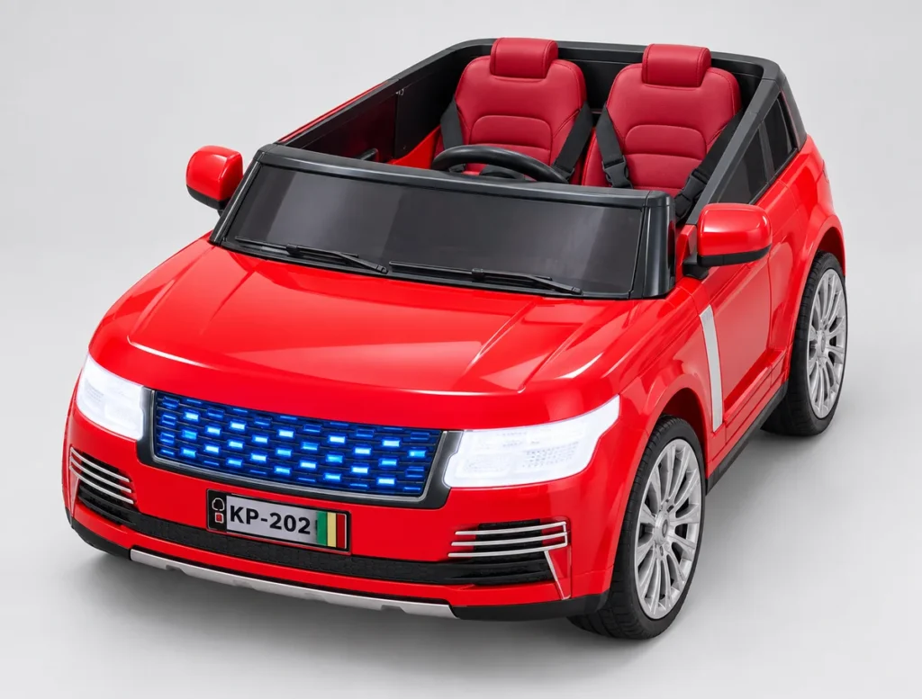 Red child-size ride-on SUV with black cabin and silver wheels