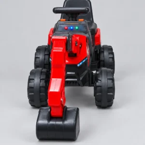 Red ride-on excavator with black bucket and four black wheels