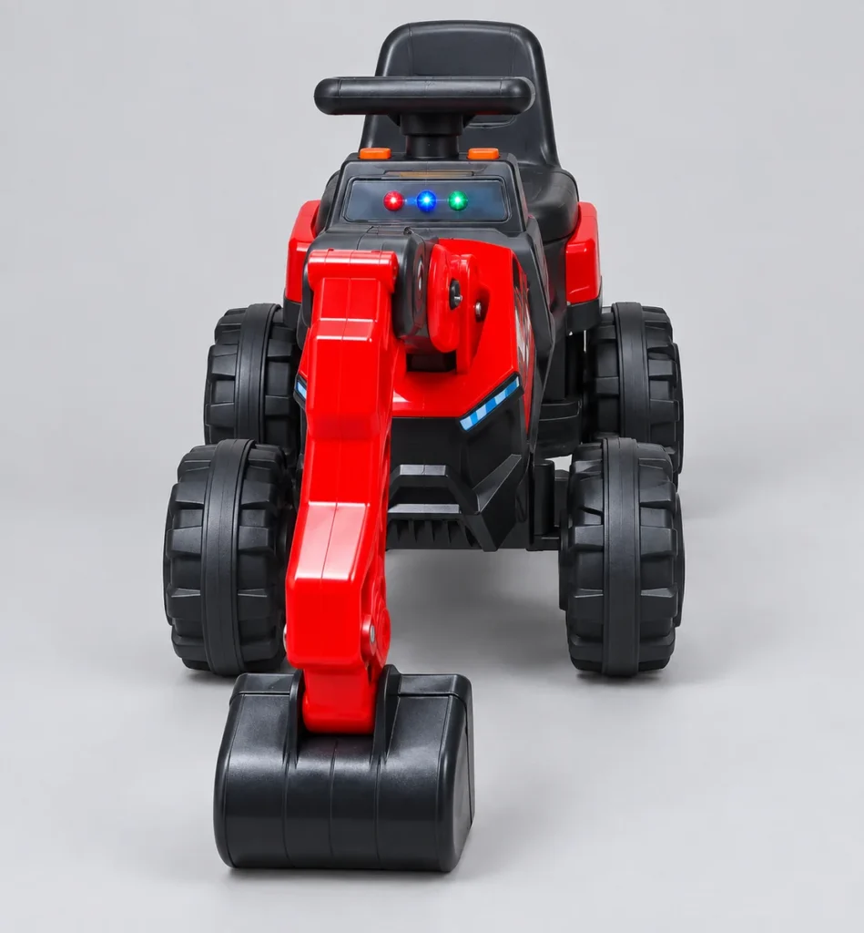 Red ride-on excavator with black bucket and four black wheels