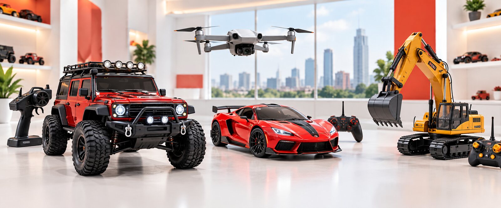 Remote control cars, drone and excavator displayed in a bright toy showroom