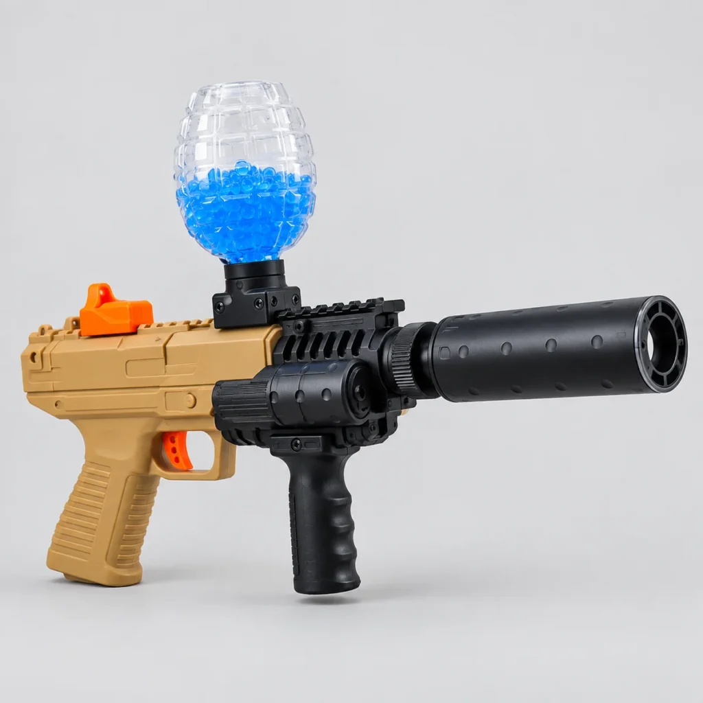 Tan and black T28A electric gel toy blaster with clear hopper