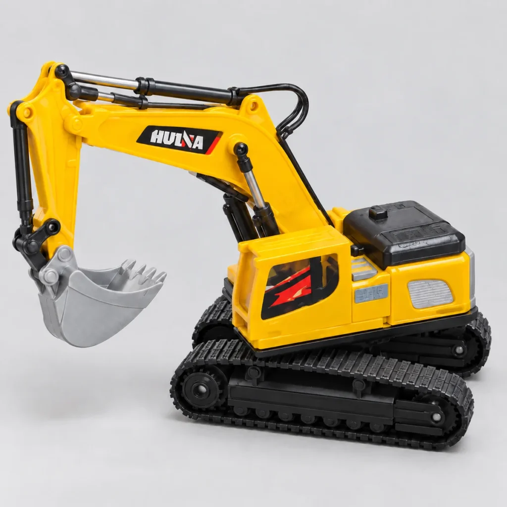 Yellow tracked RC excavator with a grey bucket and black tracks